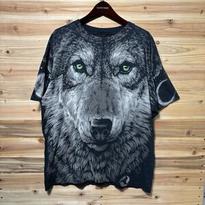 Vintage 90s Liquid Blue T Shirt Nature All Over Print Wolf Black Sz L AOP Winter